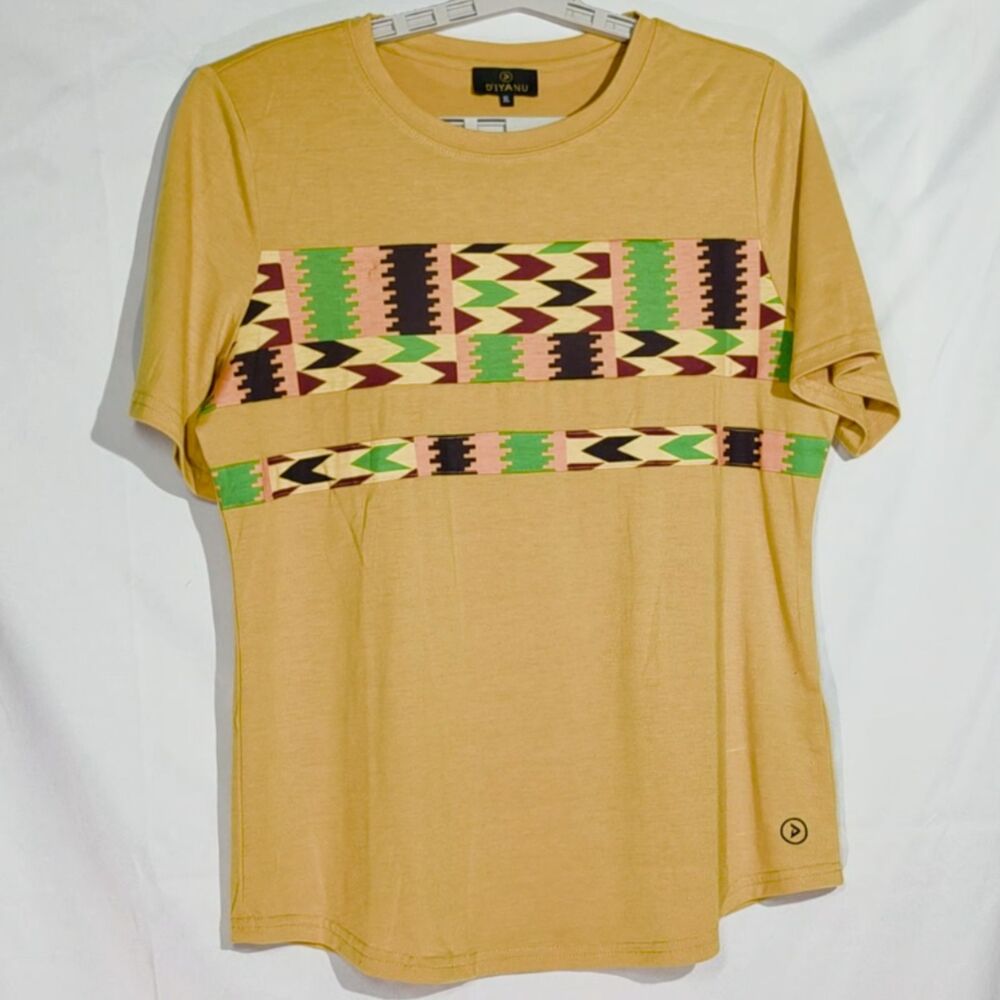 D'IYANU Traditional African Kente Print Colorblock T-Shirt in Mustard Gold XL